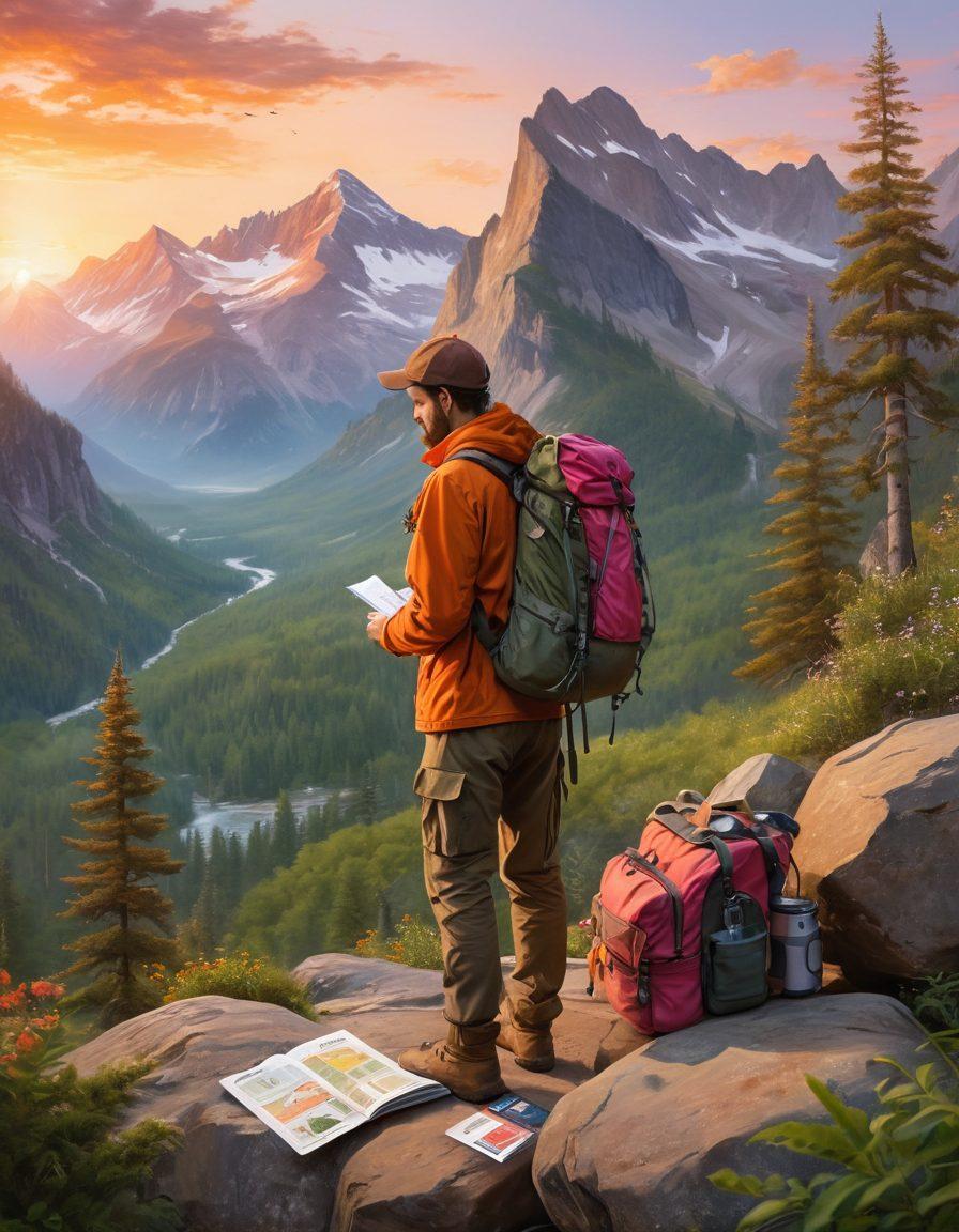 A serene wilderness landscape featuring an adventurer with a backpack, gazing at a stunning sunset over majestic mountains. Include symbols of safety, like a first aid kit and an insurance policy document subtly in the foreground. Depict vibrant wildlife and lush greenery to evoke adventure and tranquility. Add a variety of outdoor gear scattered around, like a compass and a map, to enhance exploration vibes. painting. vibrant colors.