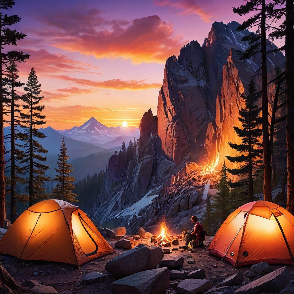 A dynamic split-scene illustration showcasing a vibrant campsite transitioning into a rugged mountain climbing scene. On one side, a cozy camp with a crackling fire, tents, and adventurous hikers preparing gear, while on the other, a challenging rock face with climbers scaling the heights against a stunning sunset. Include elements like tall pine trees, climbing ropes, backpacks, and an inspiring sky. super-realistic. vibrant colors. 3D.