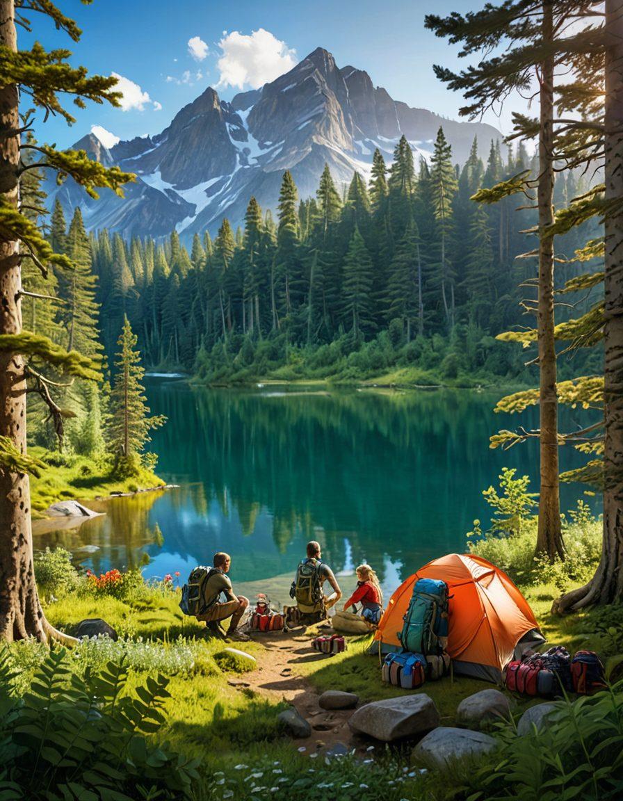 A breathtaking wilderness scene showcasing a diverse group of adventurers setting up camp in a lush forest, equipped with tailored insurance gear like a map labeled 'Protected' and a backpack with safety symbols. Incorporate vivid details of different terrains, such as mountains in the background and a tranquil lake, emphasizing the spirit of exploration and safety. Include warm sunlight filtering through trees to evoke a sense of adventure and security. super-realistic. vibrant colors. natural setting.